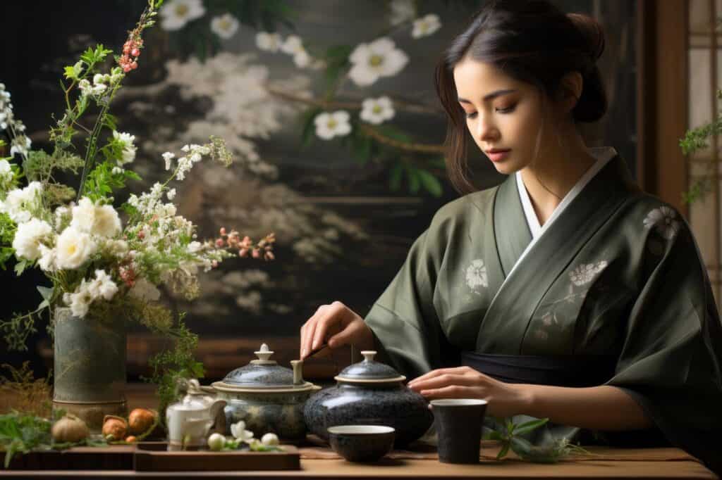 woman using traditional japanese tea sets dressed in japanese clothes