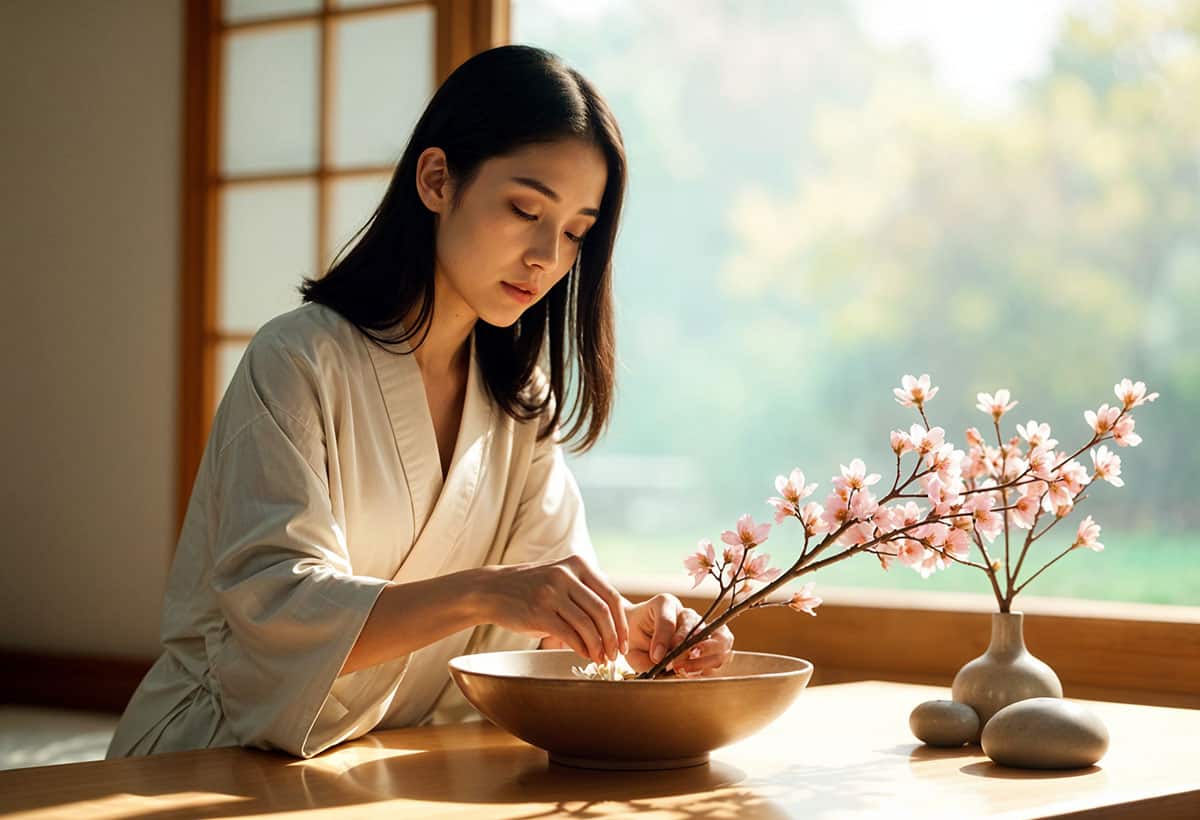 A serene indoor setting with a minimalistic Japanese aesthetic. A modern female AI model, with a soft, natural look and a calm expression, is carefully arranging flowers in the traditional Japanese Ikebana style. She has medium-length, straight black hair and wears a simple, elegant kimono or light, traditional attire in pastel tones. The model's posture is gentle and focused as she places flowers and branches in a shallow, round vase on a wooden table. Around her are natural elements like smooth stones and a small vase holding a single cherry blossom branch. The background shows a traditional Japanese room with sliding shoji doors, wooden floors, and soft natural lighting that creates a tranquil, meditative atmosphere. The image conveys harmony, mindfulness, and respect for the art of Ikebana.