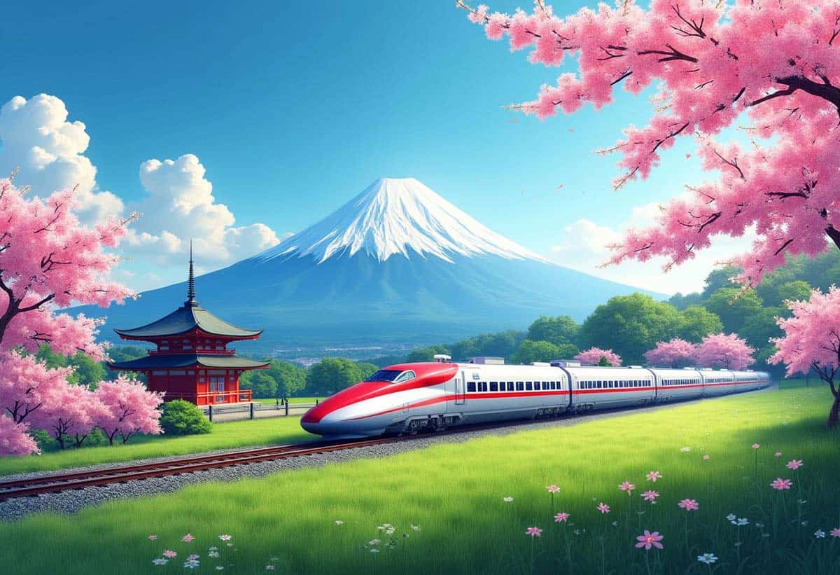 Create an inviting, vibrant featured image for a blog post about traveling in Japan. The image should feature the sleek Shinkansen bullet train speeding through a picturesque Japanese landscape, with Mount Fuji in the background and cherry blossom trees framing the scene. The setting should evoke a sense of adventure and cultural exploration, with clear blue skies, vibrant green fields, and a touch of Japanese architecture, like a traditional temple or pagoda, subtly included to add cultural depth. Capture the beauty, tradition, and innovation of Japan in a single, visually striking image.