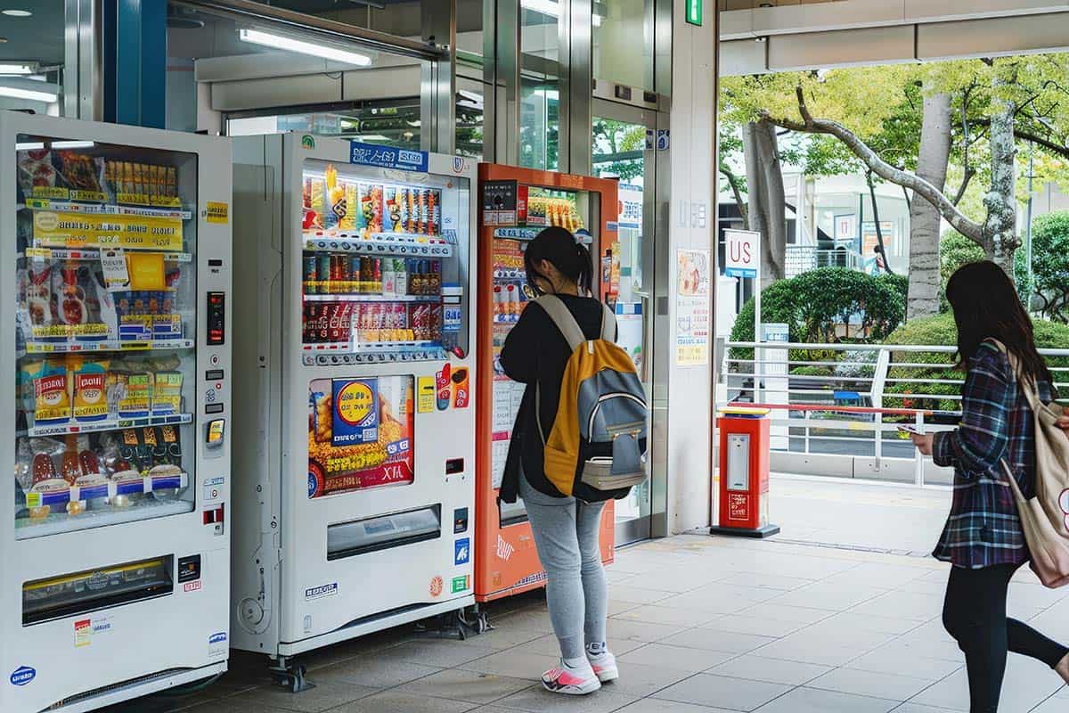 two persons at a japanese vending machines located out on the street